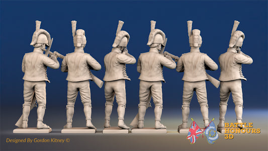 Spanish light infantry Cazadores loading and firing in sandals, back view