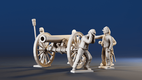 American Civil War Union artillery firing crew in forage caps rear view