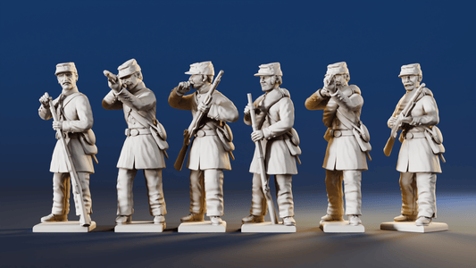 American Civil War Union firing line infantry in frock coats and kepis rear view