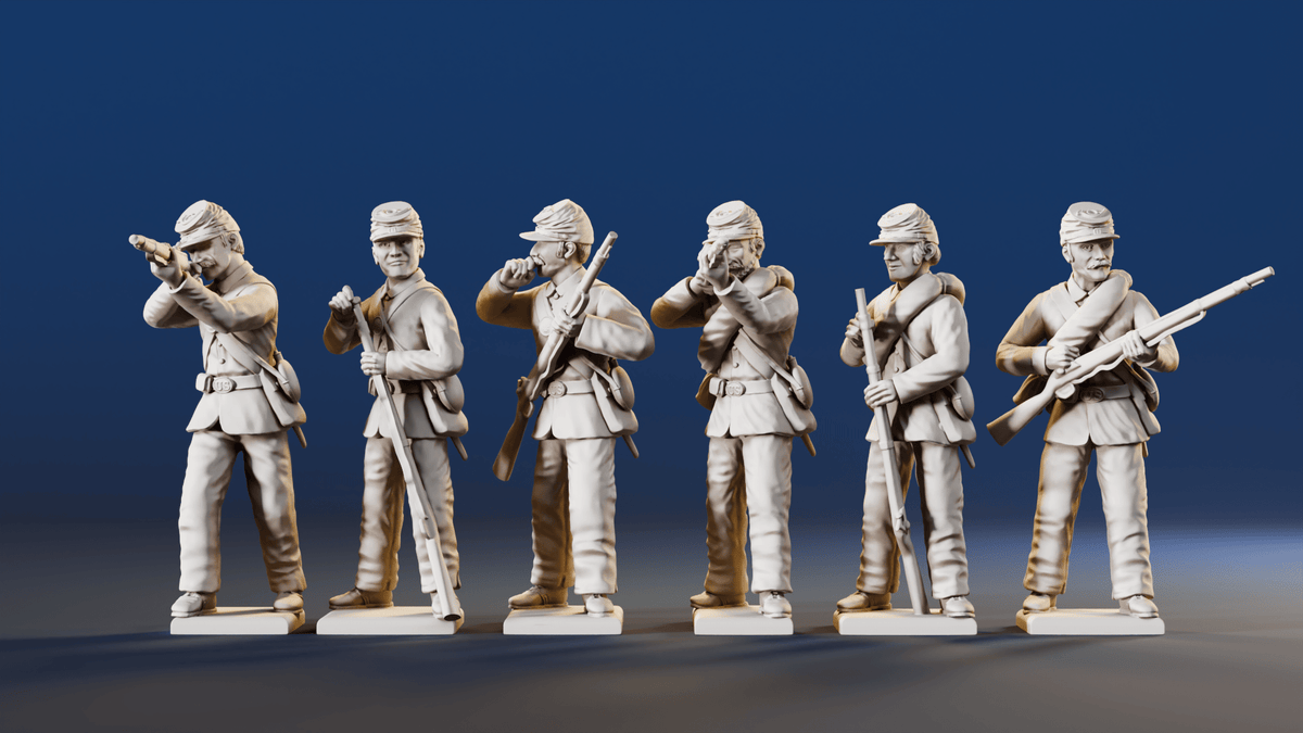 American Civil War Union firing line infantry in shell jackets and forage caps rear view