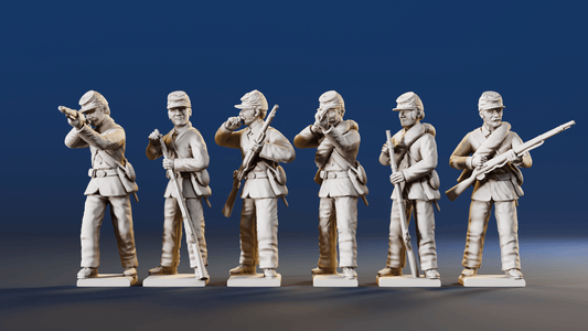 American Civil War Union firing line infantry in shell jackets and forage caps rear view
