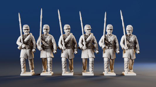 American Civil War Union right shoulder shift infantry in sack coats and forage caps rear view