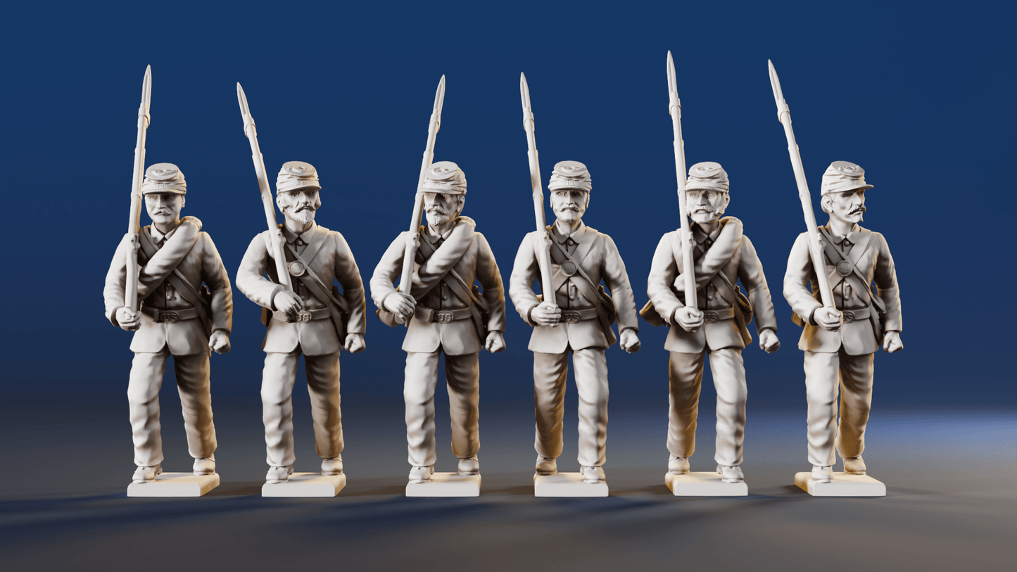 American Civil War Union right shoulder shift infantry in sackcloth coats and forage caps rear view