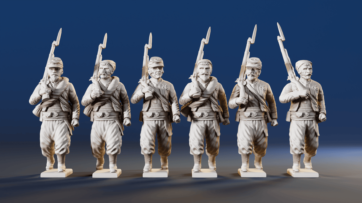 American Civil War Union Zouaves in forage caps right shoulder shift rear view