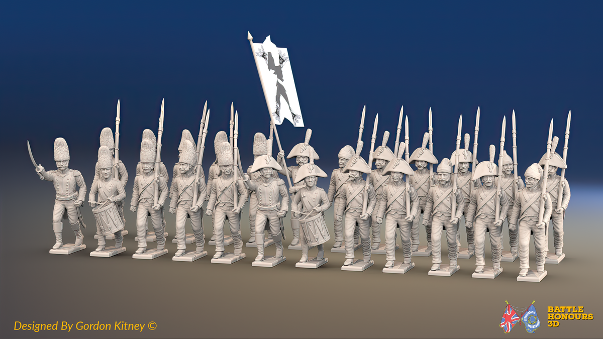 Napoleonic Spanish 1st Battalion Line Infantry March Attack - No Backpacks - 24 figures, front view
