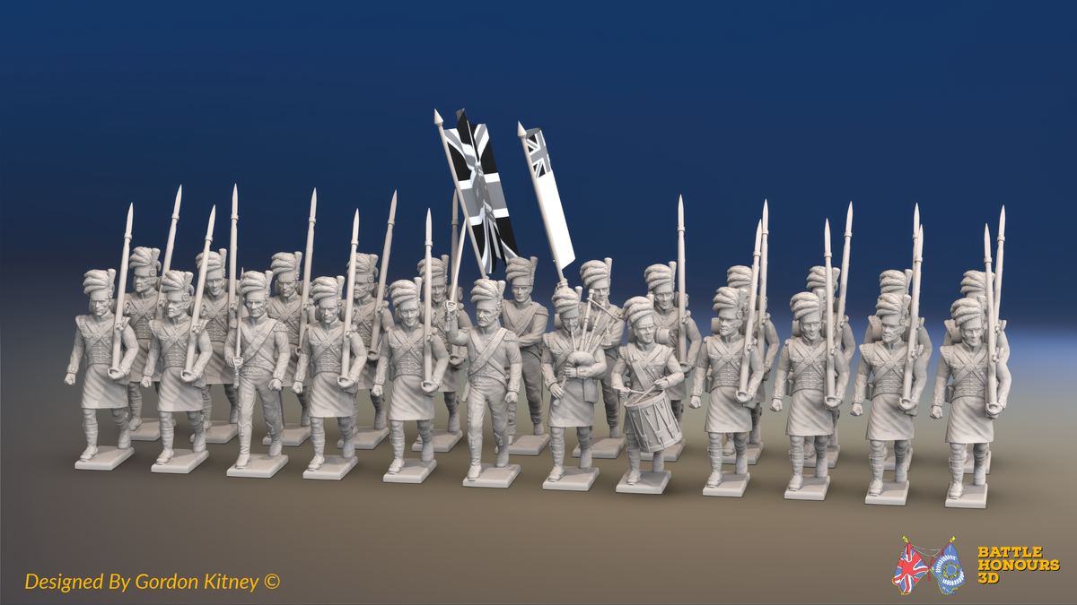 Napoleonic Scottish Highland Battalion March Attack - Kilts - 24 figures, front view