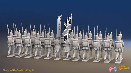 Napoleonic Scottish 71st Highland Light Infantry Battalion March Attack - Tartan-Band Shako - 24 figures, rear view