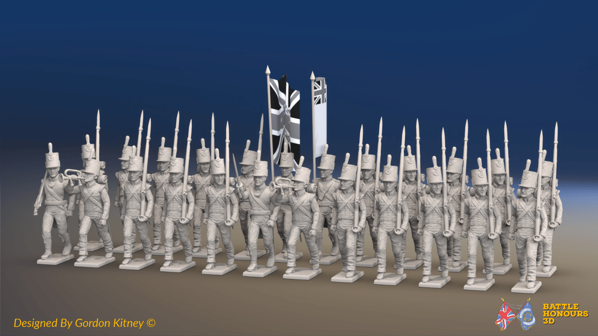 Napoleonic British Light Infantry Battalion March Attack - 24 figures, front view
