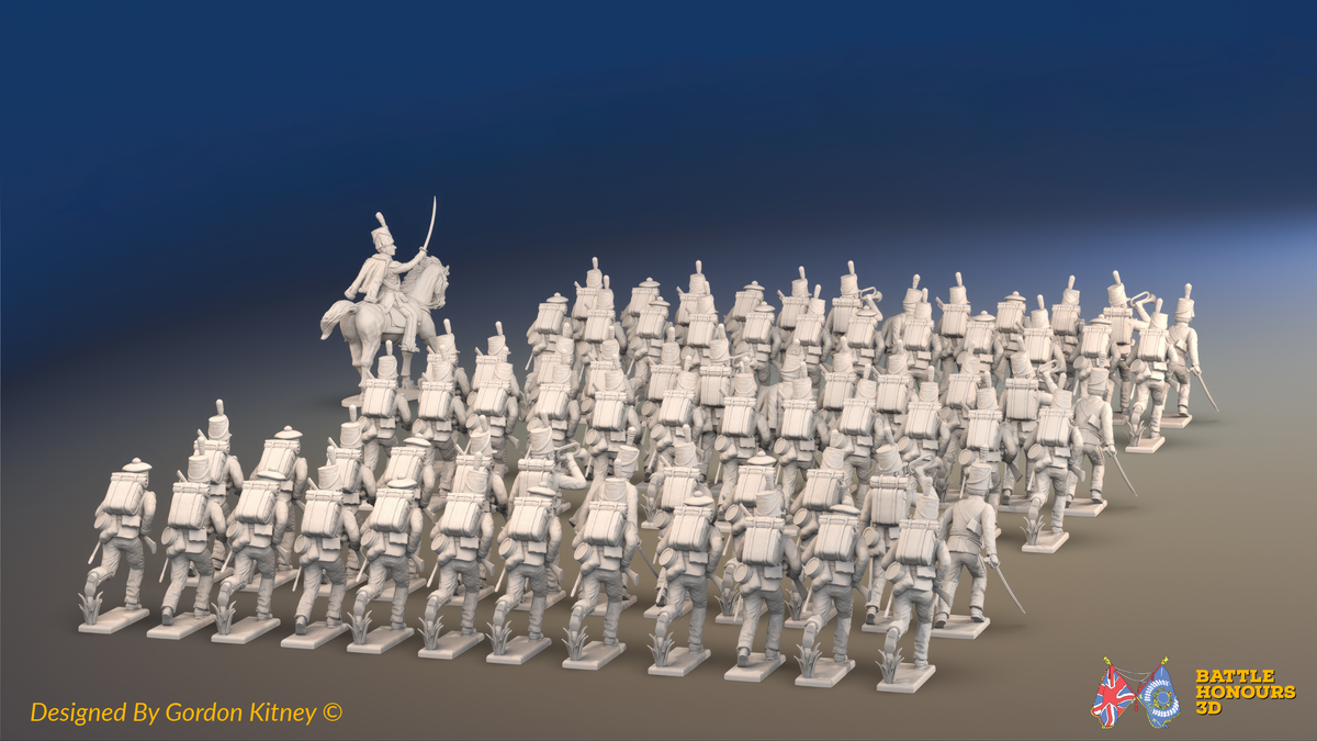 Napoleonic British Rifles Brigade Advancing - 72 infantry and mounted commander, rear view
