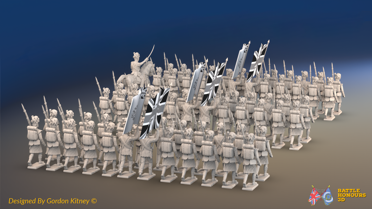 Napoleonic Scottish Highland Infantry Brigade March Attack - Kilts - 72 infantry and mounted commander, rear view