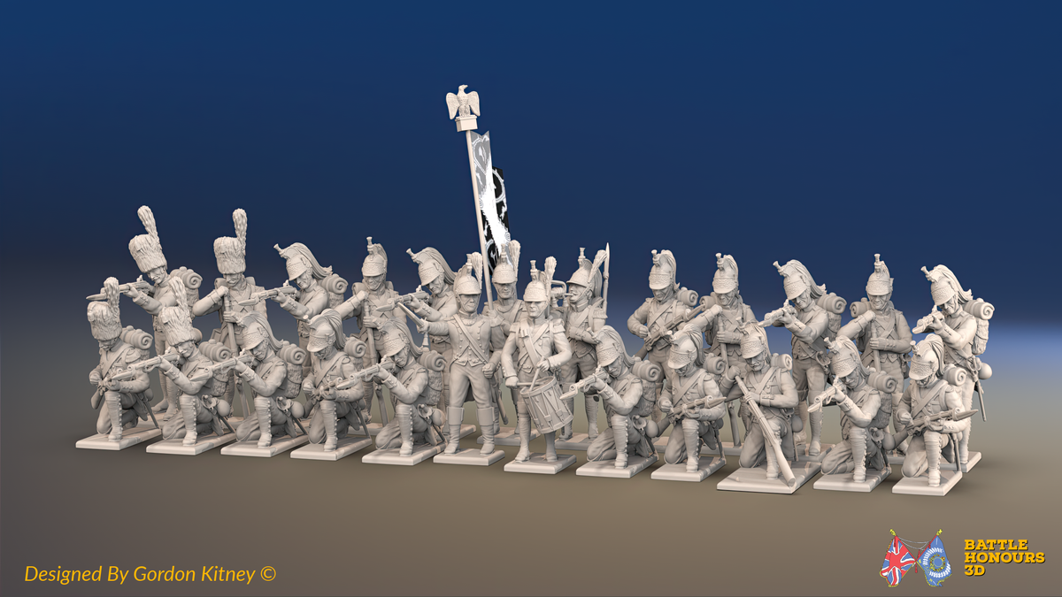 Napoleonic French Foot Dragoons Battalion Firing Line - Bearskin, Gaiters - 24 figures, front view