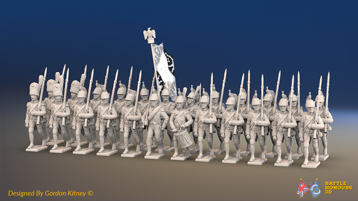 Napoleonic French Foot Dragoons Battalion March Attack - Bearskin, Gaiters - 24 figures, front view