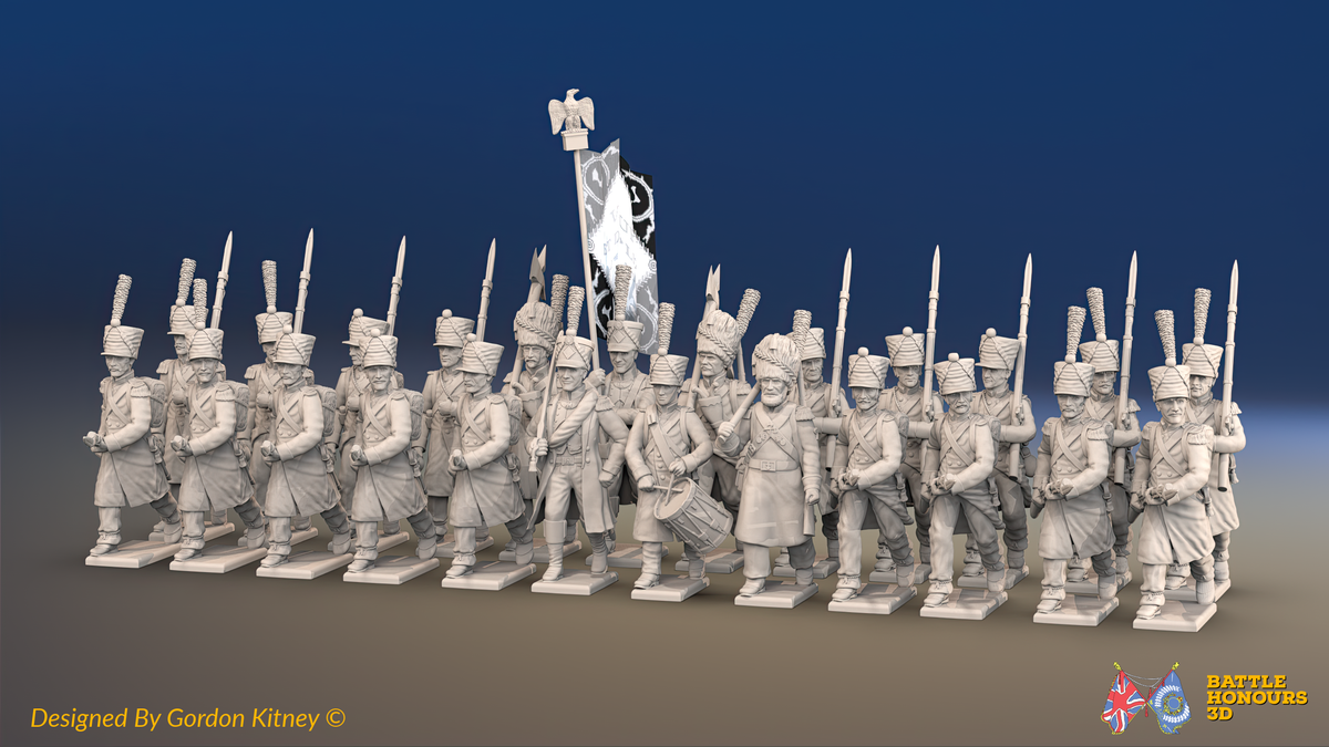Napoleonic French Battalion - Shakos, Greatcoats and Bearskin Command - 24 figures, front view