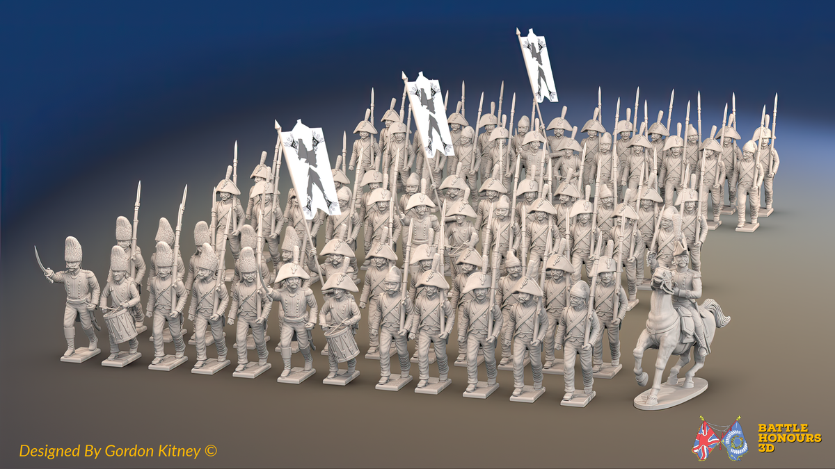 Napoleonic Spanish Line Infantry Regiment March Attack - With Backpacks - 72 infantry and mounted commander, front view