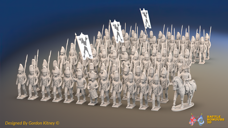 Napoleonic Spanish Grenadier Regiment March Attack - With Backpacks - 72 infantry and mounted commander, front view