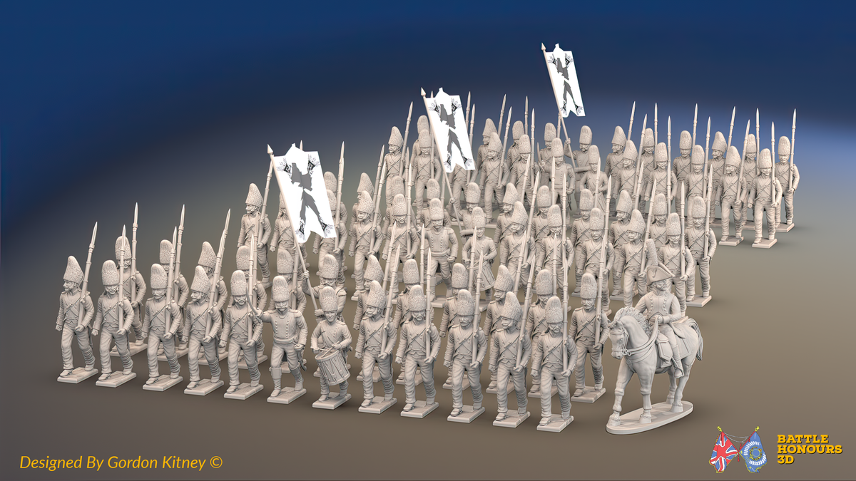 Napoleonic Spanish Grenadier Regiment March Attack - No Backpacks - 72 infantry and mounted commander, front view