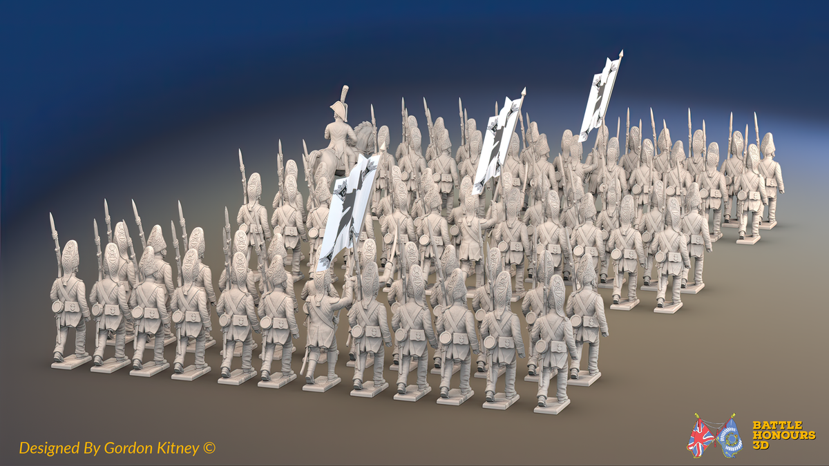 Napoleonic Spanish Grenadier Regiment March Attack - No Backpacks - 72 infantry and mounted commander, rear view
