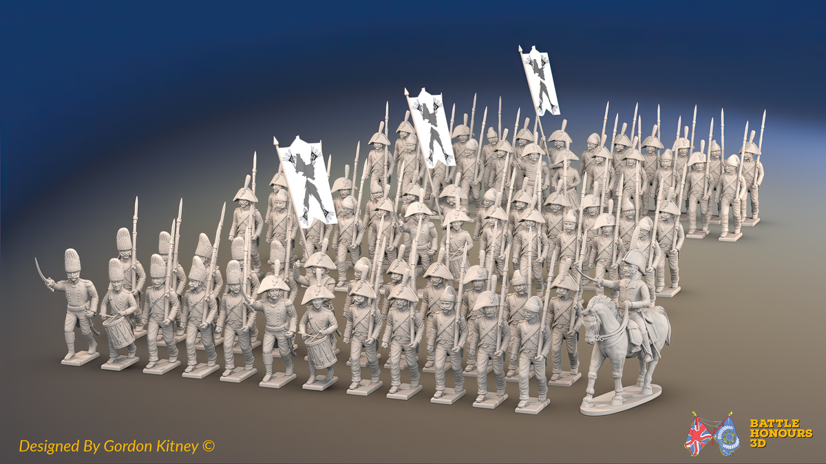 Napoleonic Spanish Line Infantry Regiment March Attack - No Backpacks - 72 infantry and mounted commander, front view