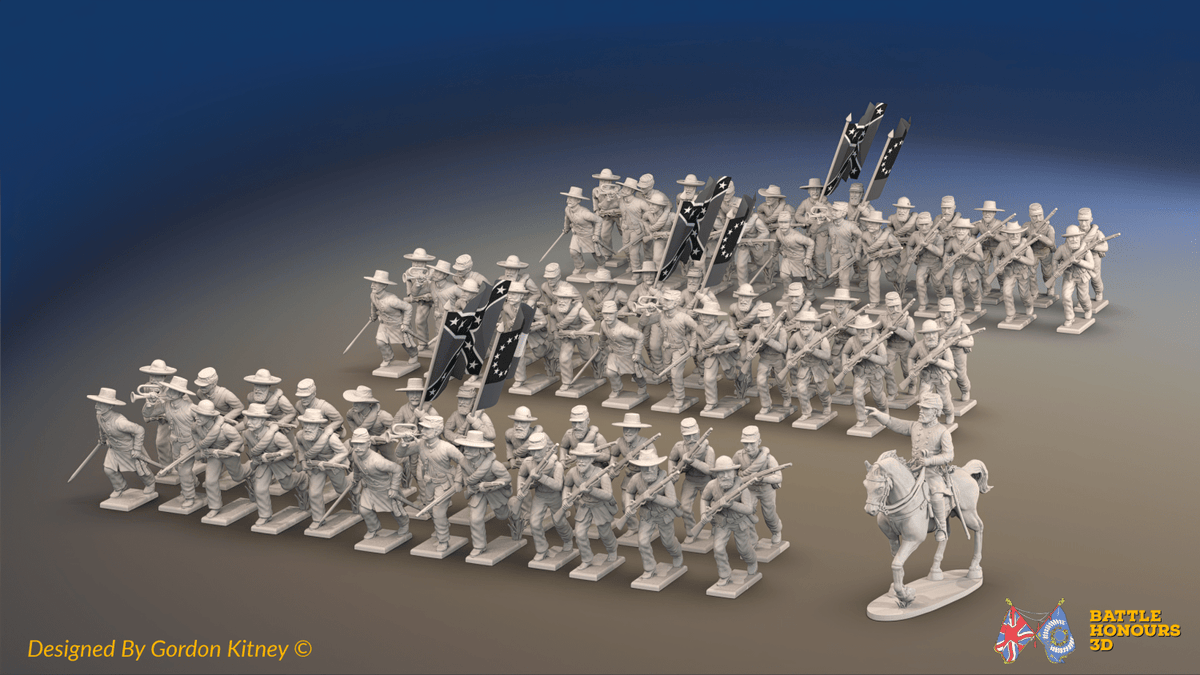 ACW Confederate Infantry Brigade Advancing - 72 infantry and mounted commander, front view