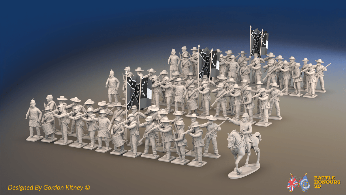 ACW Confederate Infantry Brigade Firing Line - 72 infantry and mounted commander, front view