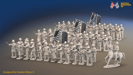 ACW Union Infantry Brigade - Sack Coats and Hardee Hats, Firing - 72 infantry and mounted commander, front view