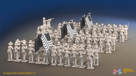 ACW Union Infantry Brigade - Sack Coats and Hardee Hats, Firing - 72 infantry and mounted commander, rear view