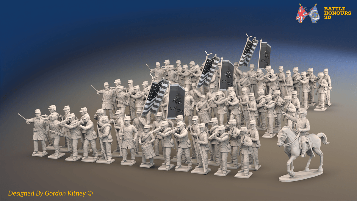 ACW Union Infantry Brigade - Sack Coats and Kepis, Firing - 72 infantry and mounted commander, front view