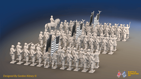 ACW Union Zouave Brigade - Kepis, Firing - 72 infantry and mounted commander, rear view
