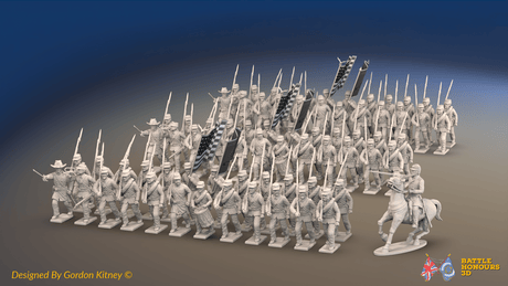 ACW Union Infantry Brigade - Sack Coats and Kepis, Marching - 72 infantry and mounted commander, front view