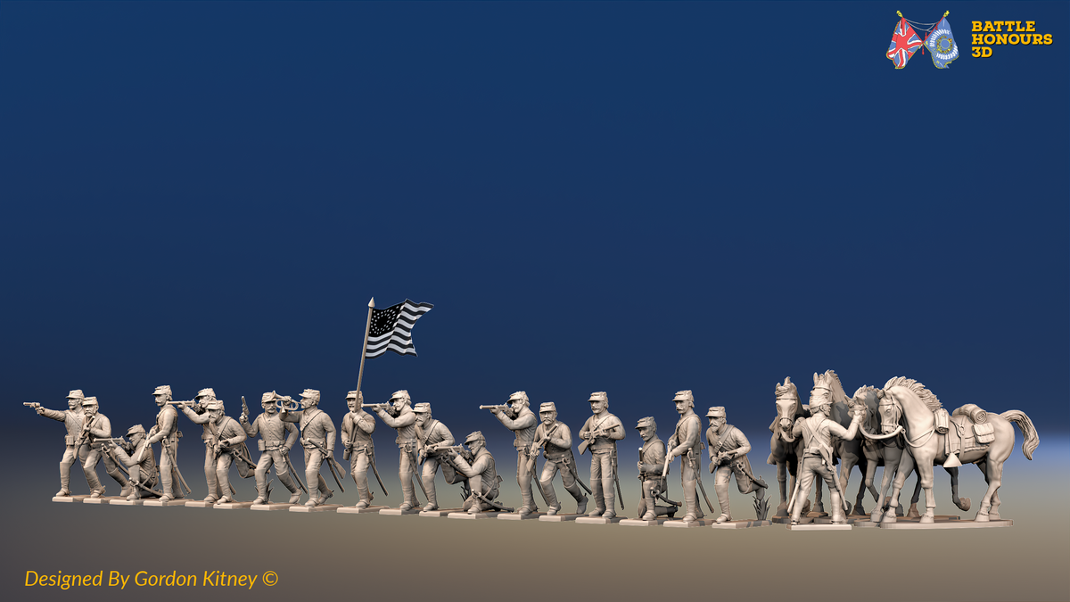ACW Union Dismounted Cavalry - Shell Jackets and Kepis - 19 figures and 4 horses, front view