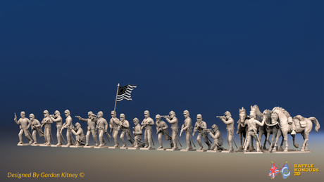 ACW Union Dismounted Cavalry - Shell Jackets and Forage Caps - 19 figures and 4 horses, front view