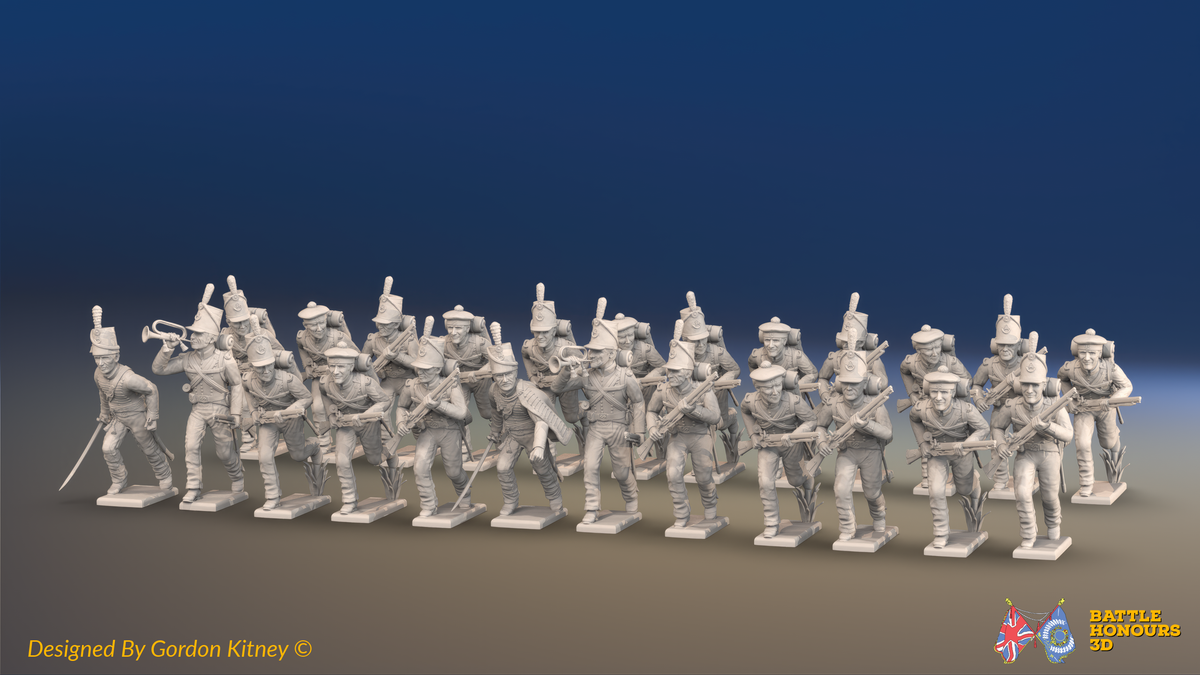 Napoleonic British 95th Rifles Battalion Advancing - Mixed Headgear - 24 figures, front view