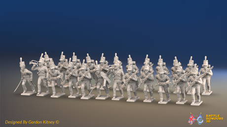Napoleonic British Rifles Battalion Advancing - Shakos - 24 figures, front view