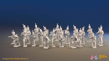 Napoleonic British Rifles Battalion Skirmishing - Shakos - 24 figures, front view