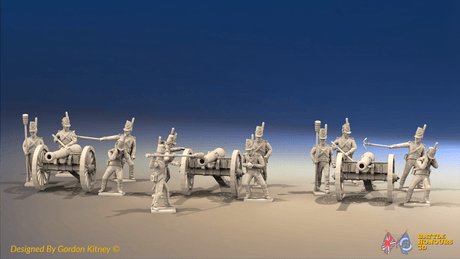 Napoleonic British Foot Artillery Battery - Belgic Shakos - 3 guns and 12 figures, front view