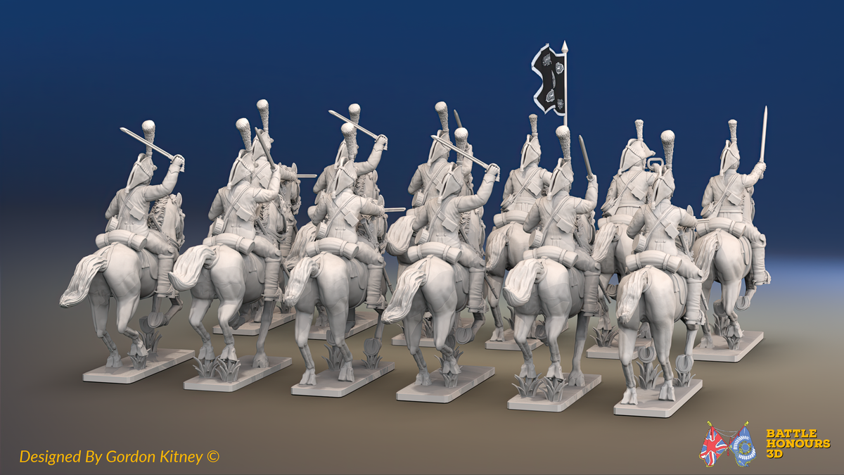 Napoleonic British Heavy Dragoon Regiment - Plumed Bicornes, Galloping - 12 mounted figures, rear view