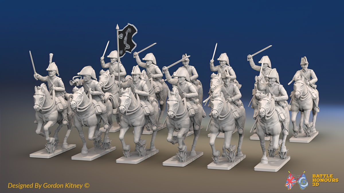 Napoleonic British Heavy Dragoon Regiment - Bicornes, Galloping - 12 mounted figures, front view