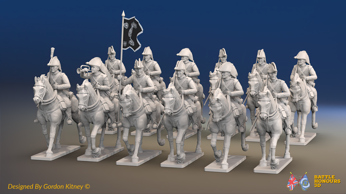 Napoleonic British Heavy Dragoon Regiment - Bicornes, Trotting - 12 mounted figures, front view
