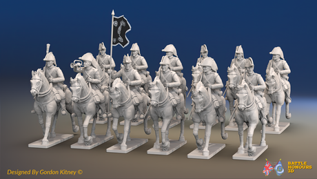 Napoleonic British Heavy Dragoon Regiment - Bicornes, Trotting - 12 mounted figures, front view