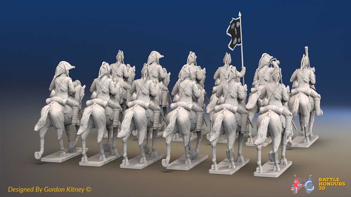 Napoleonic British Heavy Dragoon Regiment - Bicornes, Trotting - 12 mounted figures, rear view