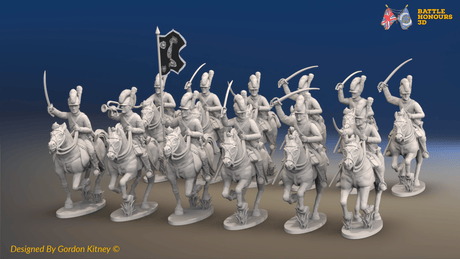 Napoleonic British Light Dragoon Regiment - Tarleton Helmets, Galloping - 12 mounted figures, front view