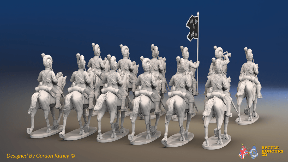 Napoleonic British Light Dragoon Regiment - Tarleton Helmets, Trotting - 12 mounted figures, rear view