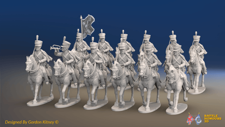 Napoleonic British Hussar Regiment - Bell Shakos, Trotting - 12 mounted figures, front view