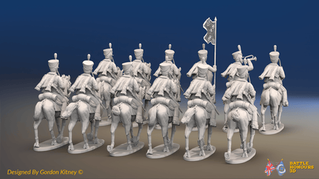 Napoleonic British Hussar Regiment - Bell Shakos, Trotting - 12 mounted figures, rear view