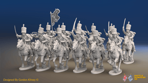 Napoleonic British Hussar Regiment - Busbies, Galloping - 12 mounted figures, front view