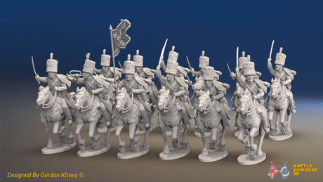 Napoleonic British Hussar Regiment - Busbies, Galloping - 12 mounted figures, front view
