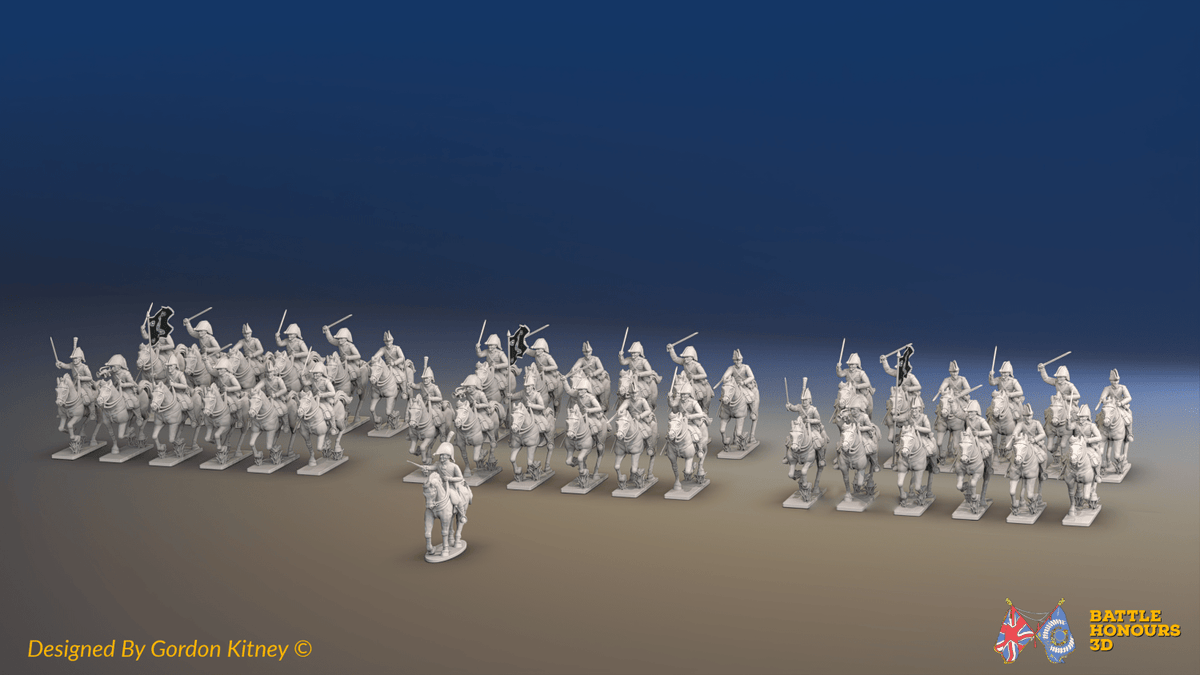 Napoleonic British Heavy Dragoon Brigade - Bicornes, Galloping - 37 mounted figures, front view