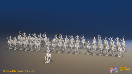 Napoleonic British Light Dragoon Brigade - Tarleton Helmets, Galloping - 37 mounted figures, front view