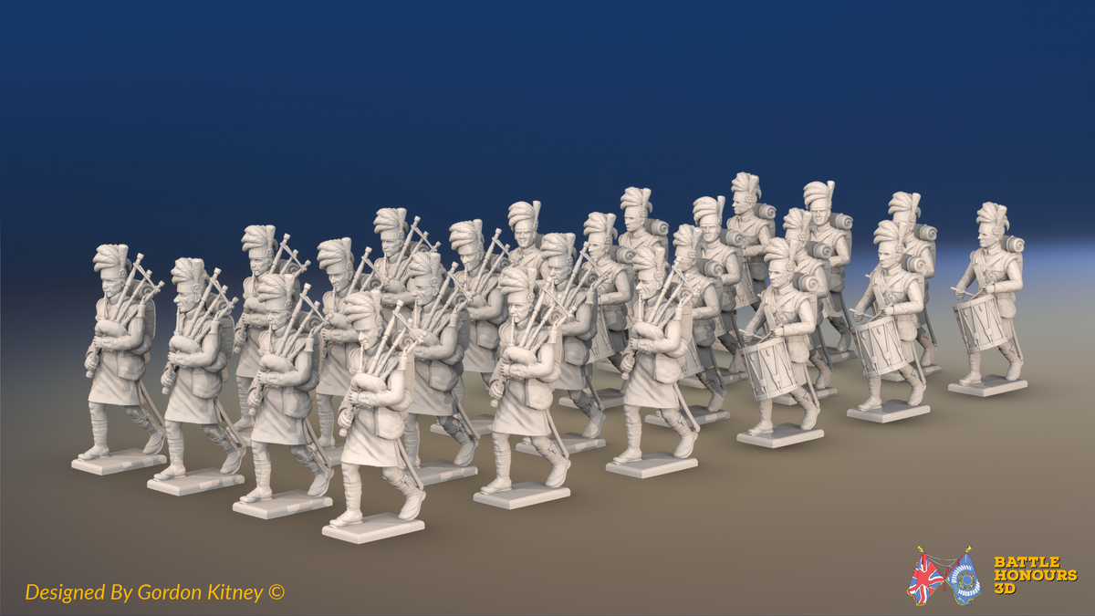 Napoleonic Scottish Highland Pipes and Drums Band - Kilts - 24 figures, front view