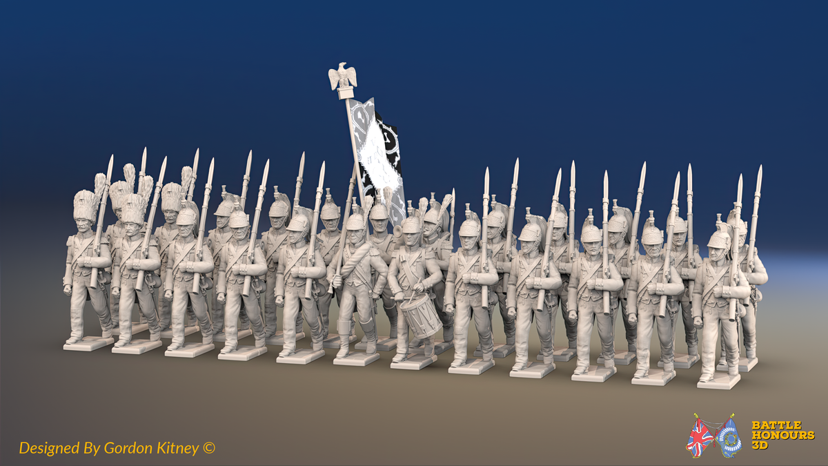 Napoleonic French Foot Dragoon Battalion Marching - Helmets and Bearskins - 24 figures, front view